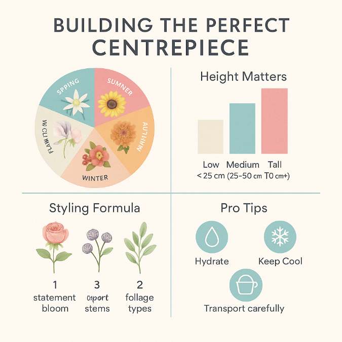 Square infographic titled “Building the Perfect Centrepiece” divided into four quadrants: top-left shows a seasonal flower wheel with spring, summer, autumn and winter blooms; top-right displays a bar chart comparing low, medium and tall centerpiece heights; bottom-left presents a styling formula with icons for one statement bloom, three support stems and two foliage types; bottom-right lists pro tips with icons for hydrating, keeping cool and careful transport.