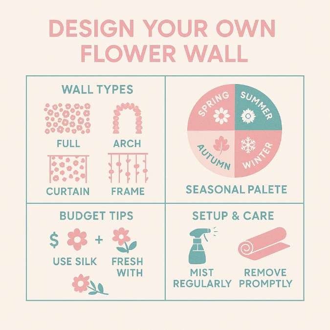 Cream-background infographic in pink #ef45a3 and teal #00bbb3 showing wall types, seasonal palette, budget tips, and setup-care steps.