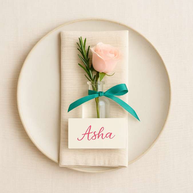 Square flat-lay of ceramic plate with linen napkin, tiny bud vase holding pink rose & rosemary, teal ribbon and handwritten name card.