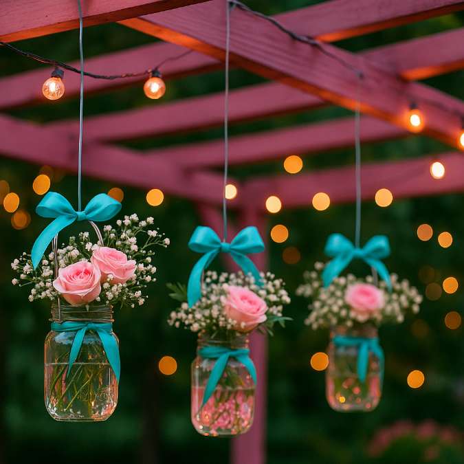Mason jars with pink roses, baby’s breath and teal ribbons hanging under fairy-lit pergola—DIY backyard flower installation