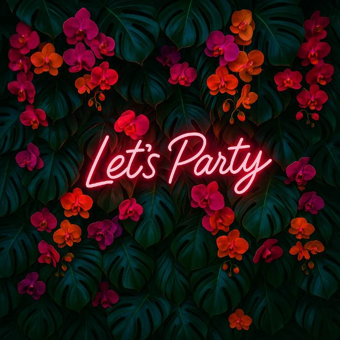 Monstera-leaf wall studded with vivid orchids and hot-pink “Let’s Party” neon sign—bold photo backdrop for events.
