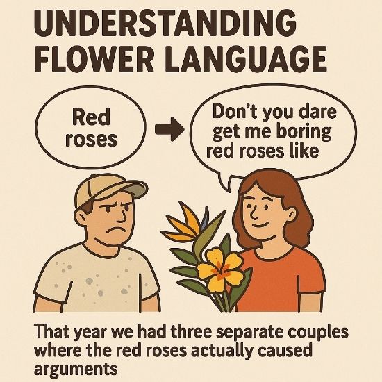 Educational 1:1 poster showing a tradie rejecting red roses and choosing tropical flowers, teaching that every relationship has its own flower language.