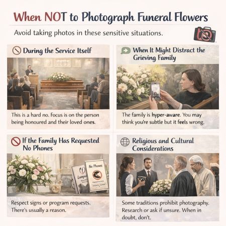 A guide on when NOT to photograph funeral flowers to respect the 'fog of grief,' based on 17 years of florist experience, highlighting sensitive moments like during the service or in phone-free religious spaces. A guide on when NOT to photograph funeral flowers to respect the 'fog of grief,' based on 17 years of florist experience, highlighting sensitive moments like during the service or in phone-free religious spaces.