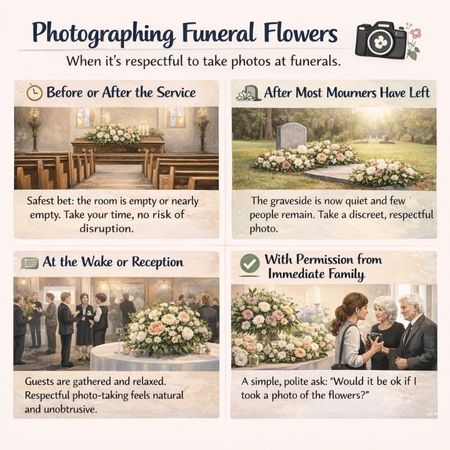 A respectful guide to photographing funeral flowers, based on 17 years of florist experience at Lily's Florist, showing safe windows like before the service or at the wake. A respectful guide to photographing funeral flowers, based on 17 years of florist experience at Lily's Florist, showing safe windows like before the service or at the wake.