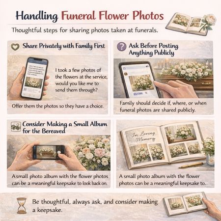 An instructional graphic by Lily's Florist titled 'Handling Funeral Flower Photos,' detailing respectful steps for sharing images, including private offers to the family, seeking permission before public posting, and creating meaningful keepsakes like photo albums for the bereaved An instructional graphic by Lily's Florist titled 'Handling Funeral Flower Photos,' detailing respectful steps for sharing images, including private offers to the family, seeking permission before public posting, and creating meaningful keepsakes like photo albums for the bereaved
