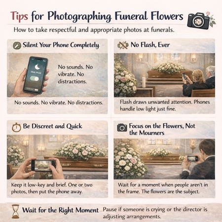 Respectful funeral photography tips from Lily's Florist, showing how to silent phones, avoid flash, and focus only on flower arrangements to maintain the dignity of the service. Respectful funeral photography tips from Lily's Florist, showing how to silent phones, avoid flash, and focus only on flower arrangements to maintain the dignity of the service.