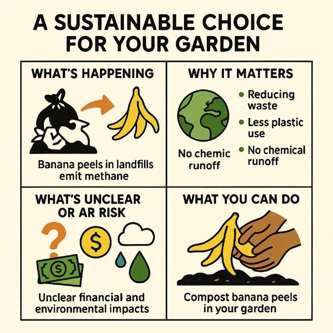 A Sustainable Choice for Your Garden.” Panel 1 (“What’s Happening”): banana peels and landfill bags with an arrow, caption “Banana peels in landfills emit methane.” Panel 2 (“Why It Matters”): green earth icon with bullet list “Reducing waste, Less plastic use, No chemical runoff.” Panel 3 (“What’s Unclear or At Risk”): question mark, dollar bill, water droplets, and cloud icons with caption “Unclear financial and environmental impacts.” Panel 4 (“What You Can Do”): hands composting banana peels labeled “Compost banana peels in your garden. A Sustainable Choice for Your Garden.” Panel 1 (“What’s Happening”): banana peels and landfill bags with an arrow, caption “Banana peels in landfills emit methane.” Panel 2 (“Why It Matters”): green earth icon with bullet list “Reducing waste, Less plastic use, No chemical runoff.” Panel 3 (“What’s Unclear or At Risk”): question mark, dollar bill, water droplets, and cloud icons with caption “Unclear financial and environmental impacts.” Panel 4 (“What You Can Do”): hands composting banana peels labeled “Compost banana peels in your garden.