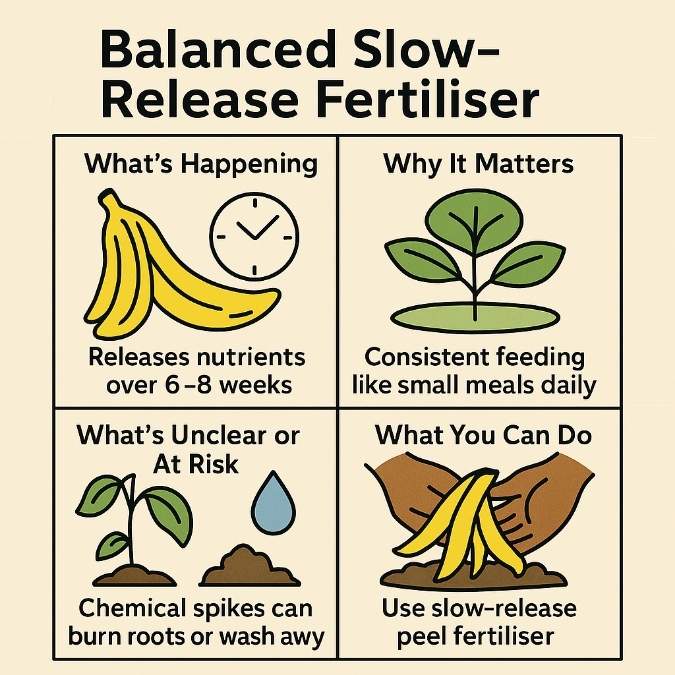 Square four-panel infographic titled “Balanced Slow-Release Fertiliser.” Top-left: banana peels and a clock icon under “What’s Happening” with caption “Releases nutrients over 6–8 weeks.” Top-right: green seedling on a plate icon under “Why It Matters” with caption “Consistent feeding like small meals daily.” Bottom-left: drooping plant, water droplet, and soil mound icon under “What’s Unclear or At Risk” with caption “Chemical spikes can burn roots or wash away.” Bottom-right: hands placing banana peels into soil under “What You Can Do” with caption “Use slow-release peel fertiliser Square four-panel infographic titled “Balanced Slow-Release Fertiliser.” Top-left: banana peels and a clock icon under “What’s Happening” with caption “Releases nutrients over 6–8 weeks.” Top-right: green seedling on a plate icon under “Why It Matters” with caption “Consistent feeding like small meals daily.” Bottom-left: drooping plant, water droplet, and soil mound icon under “What’s Unclear or At Risk” with caption “Chemical spikes can burn roots or wash away.” Bottom-right: hands placing banana peels into soil under “What You Can Do” with caption “Use slow-release peel fertiliser