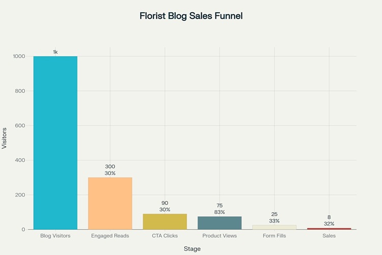 Bar chart titled ‘Florist Blog Sales Funnel’ illustrating six stages: 1,000 Blog Visitors; 300 Engaged Reads (30% conversion); 90 CTA Clicks (30% of engaged readers); 75 Product Views (83% of CTA clickers); 25 Form Fills (33% of product page visitors); and 8 Sales (32% of form fills).