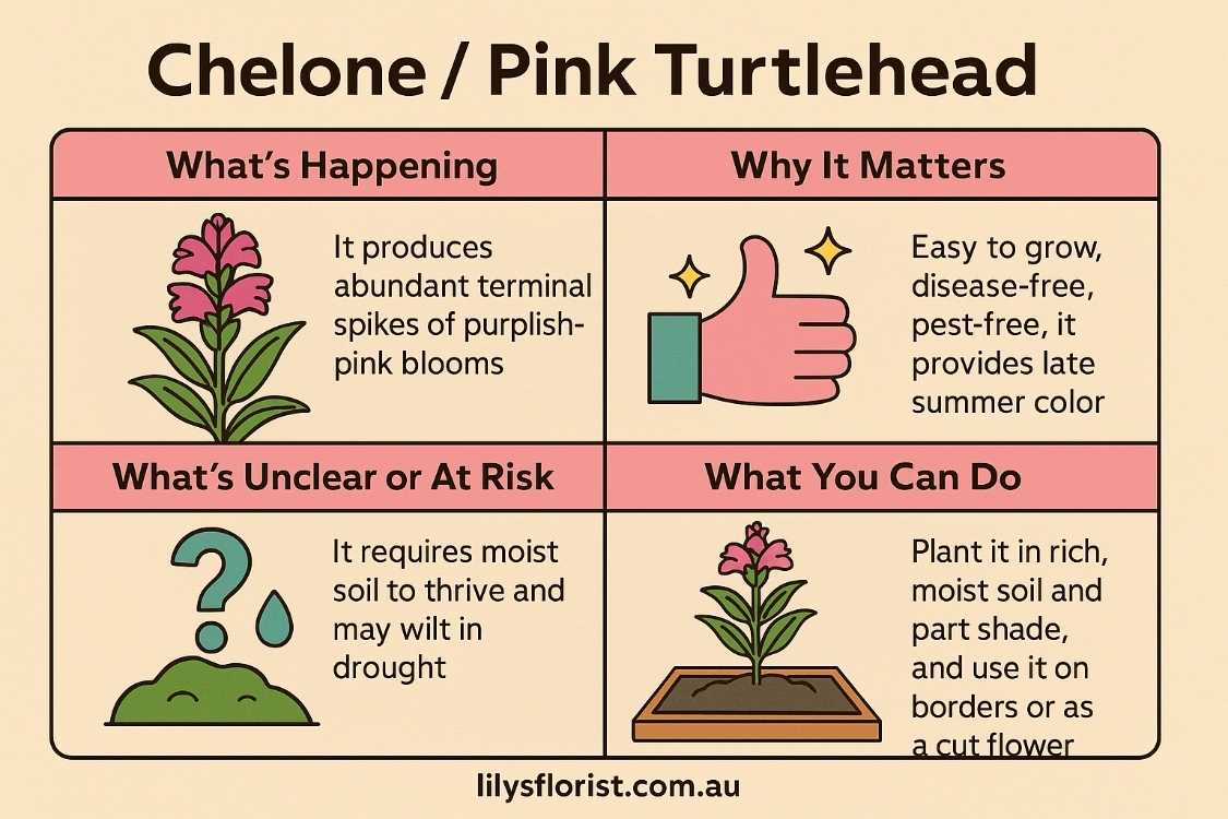 3:2 infographic “Chelone / Pink Turtlehead” showing four panels of blooms, care tips, soil needs and planting advice; footer lilysflorist.com.au