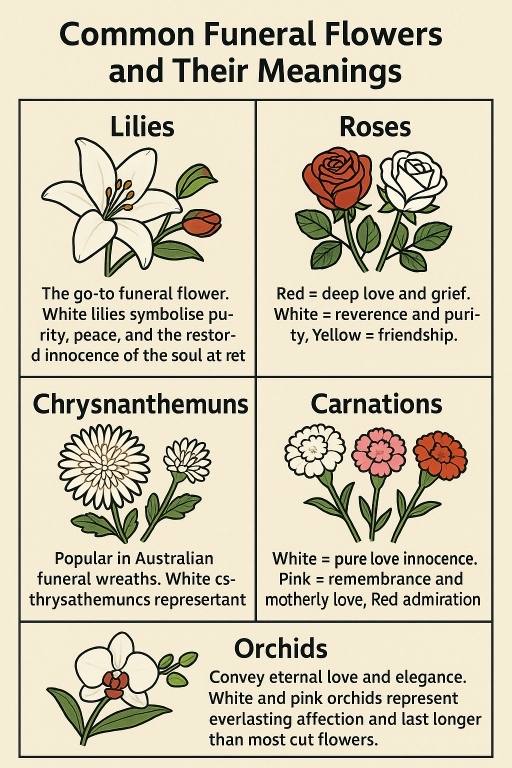 Illustrated panels show lilies symbolising purity and peace, roses for love and respect, chrysanthemums for sympathy and honor, carnations for remembrance and admiration, and orchids for eternal love and elegance.