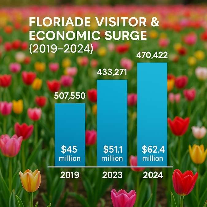 Bar chart infographic over a field of tulips showing Floriade visitor numbers and economic impact for 2019, 2023, and 2024, highlighting strong growth in attendance and local spending.