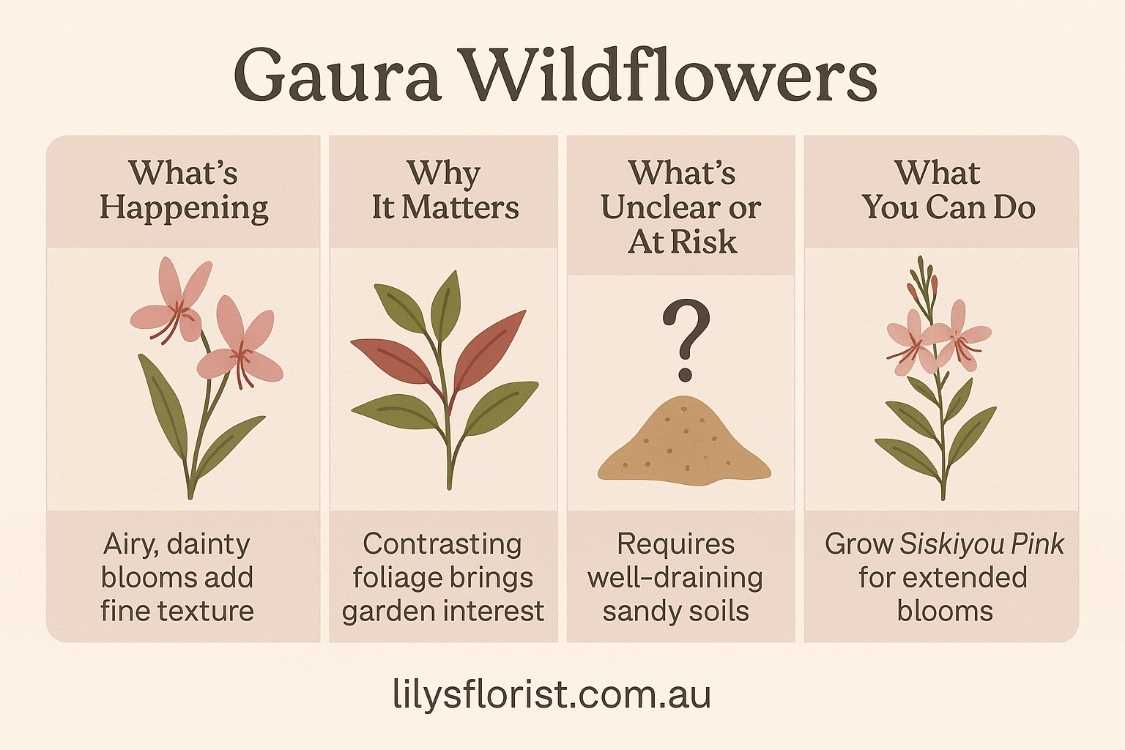 3:2 infographic “Gaura Wildflowers” showing airy pink blooms, contrasting red foliage, sandy soil needs, and Siskiyou Pink growing tip; footer lilysflorist.com.au