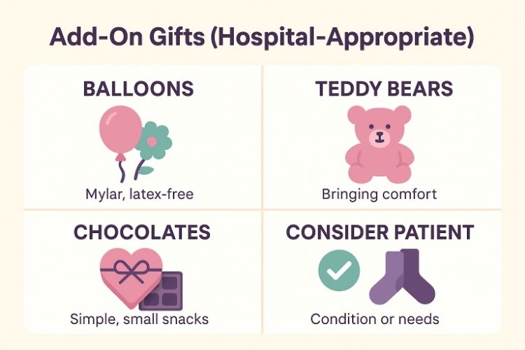 infographic with four panels: Mylar latex-free balloons, comforting teddy bears, small chocolate snacks, and patient condition considerations.