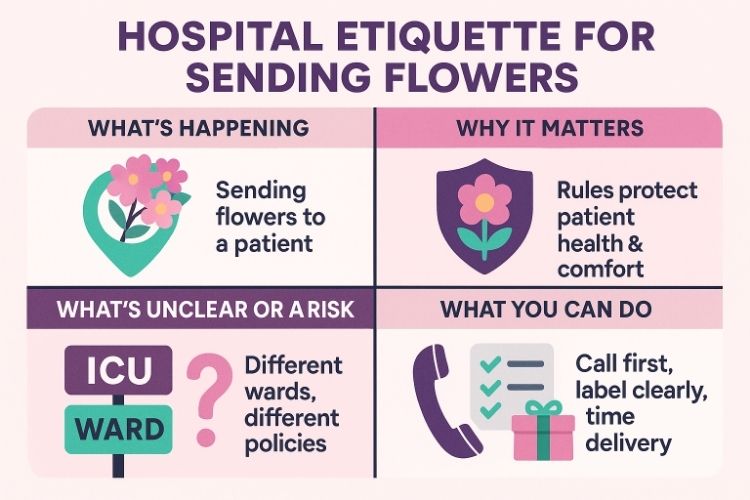 Four-panel infographic on hospital flower etiquette: sending flowers to patients, why it matters, ward policy risks, and delivery tips.