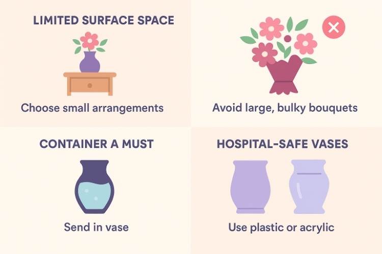 Four-panel 3:2 infographic advising compact hospital-friendly flower arrangements: choose small bouquets, include a vase, and use shatter-proof containers.
