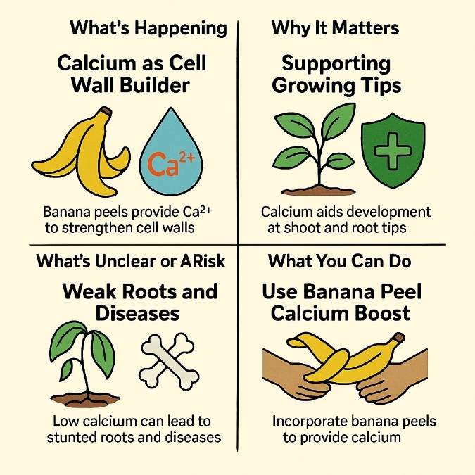 Four-panel infographic titled “How Calcium from Banana Peels Builds Better Plant Structures.” Panel 1: banana peels and a blue water-droplet icon labeled “Calcium as Cell Wall Builder” with caption “Banana peels provide Ca²⁺ to strengthen cell walls.” Panel 2: a young plant shoot and shield icon labeled “Supporting Growing Tips” with caption “Calcium aids development at shoot and root tips.” Panel 3: a wilting seedling and crossed bones icon labeled “Weak Roots and Diseases” with caption “Low calcium can lead to stunted roots and diseases.” Panel 4: two hands holding banana peels labeled “Use Banana Peel Calcium Boost” with caption “Incorporate banana peels to provide calcium. Four-panel infographic titled “How Calcium from Banana Peels Builds Better Plant Structures.” Panel 1: banana peels and a blue water-droplet icon labeled “Calcium as Cell Wall Builder” with caption “Banana peels provide Ca²⁺ to strengthen cell walls.” Panel 2: a young plant shoot and shield icon labeled “Supporting Growing Tips” with caption “Calcium aids development at shoot and root tips.” Panel 3: a wilting seedling and crossed bones icon labeled “Weak Roots and Diseases” with caption “Low calcium can lead to stunted roots and diseases.” Panel 4: two hands holding banana peels labeled “Use Banana Peel Calcium Boost” with caption “Incorporate banana peels to provide calcium.
