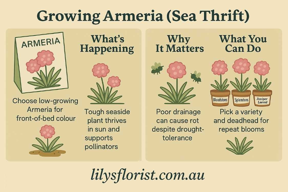 4-panel infographic “Creating a Pink Flower Garden” with warm and cool pink flowers, care tips