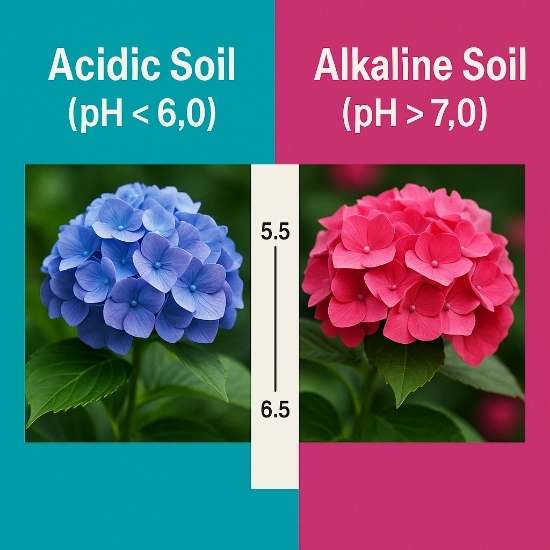 Split-panel infographic showing blue hydrangea blooms on acidic soil (pH 7.0), with a central pH 5.5–6.5 scale highlighted for true purple flowers.