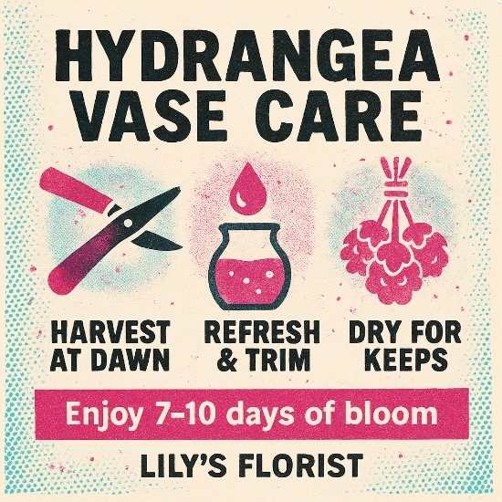 Risograph-style poster with distressed black, teal, and pink inks reading ‘Hydrangea Vase Care,’ featuring halftone icons and captions for ‘Harvest at Dawn,’ ‘Refresh & Trim,’ and ‘Dry for Keeps,’ plus ‘Enjoy 7–10 days of bloom’ tagline and Lily’s Florist logo.