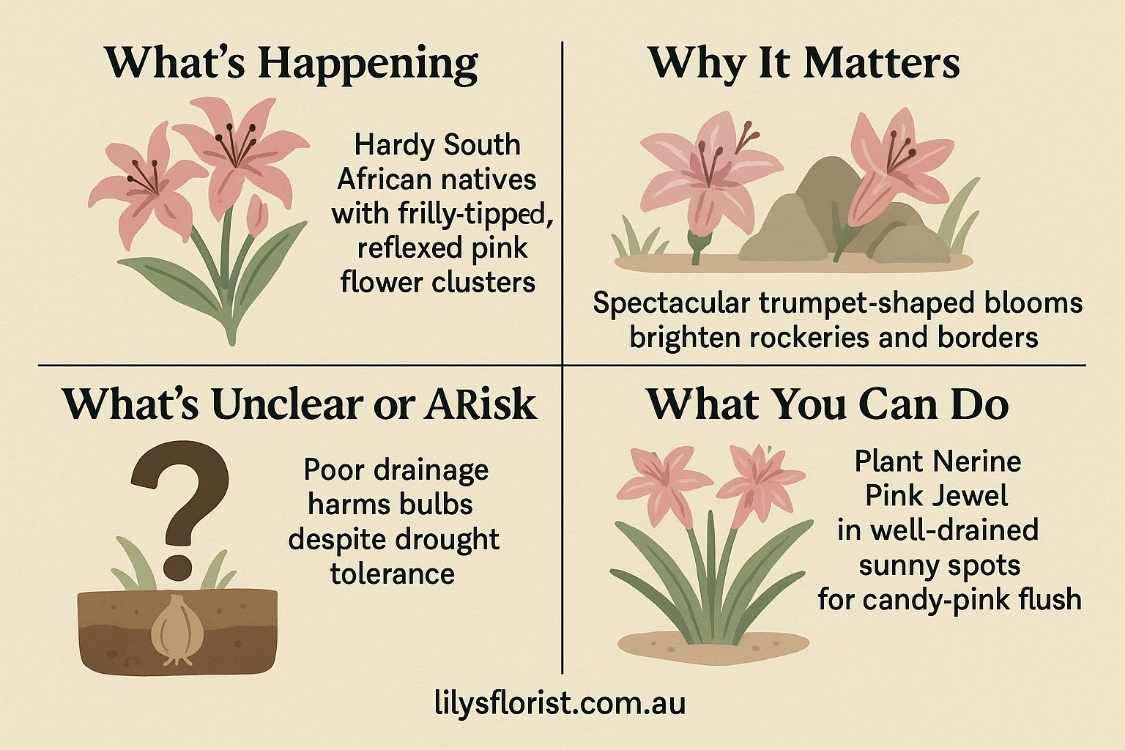 3:2 infographic on Nerine Bowdenii “Pink Jewel” showing frilly pink clusters, rockery planting, drainage risk, and sunny care tips; footer lilysflorist.com.au