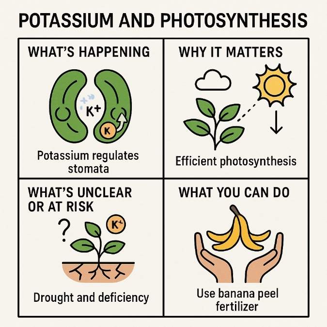 Four-panel infographic titled “Potassium and Photosynthesis.” Panel 1: two green guard cells with a K⁺ symbol regulating a stomatal opening. Panel 2: a green plant under a bright yellow sun labeled “Efficient photosynthesis.” Panel 3: a wilting plant with a K⁺ symbol and question mark indicating “Drought and deficiency.” Panel 4: two hands holding yellow banana peels labeled “Use banana peel fertilizer.” Four-panel infographic titled “Potassium and Photosynthesis.” Panel 1: two green guard cells with a K⁺ symbol regulating a stomatal opening. Panel 2: a green plant under a bright yellow sun labeled “Efficient photosynthesis.” Panel 3: a wilting plant with a K⁺ symbol and question mark indicating “Drought and deficiency.” Panel 4: two hands holding yellow banana peels labeled “Use banana peel fertilizer.”