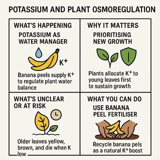 Four-panel infographic titled “Potassium and Plant Osmoregulation.” Panel 1: banana peels and a water droplet with a K⁺ symbol labeled “Potassium as Water Manager” and caption “Banana peels supply K⁺ to regulate plant water balance.” Panel 2: a young leaf and shield icon labeled “Prioritising New Growth” with caption “Plants allocate K⁺ to young leaves first to sustain growth.” Panel 3: a yellowing leaf and clock icon labeled “Older Leaves Sacrificed” with caption “Older leaves yellow, brown, and die when K⁺ is low.” Panel 4: hands applying banana peels to soil labeled “Use Banana Peel Fertiliser” with caption “Recycle banana peels as a natural K⁺ boost. Four-panel infographic titled “Potassium and Plant Osmoregulation.” Panel 1: banana peels and a water droplet with a K⁺ symbol labeled “Potassium as Water Manager” and caption “Banana peels supply K⁺ to regulate plant water balance.” Panel 2: a young leaf and shield icon labeled “Prioritising New Growth” with caption “Plants allocate K⁺ to young leaves first to sustain growth.” Panel 3: a yellowing leaf and clock icon labeled “Older Leaves Sacrificed” with caption “Older leaves yellow, brown, and die when K⁺ is low.” Panel 4: hands applying banana peels to soil labeled “Use Banana Peel Fertiliser” with caption “Recycle banana peels as a natural K⁺ boost.