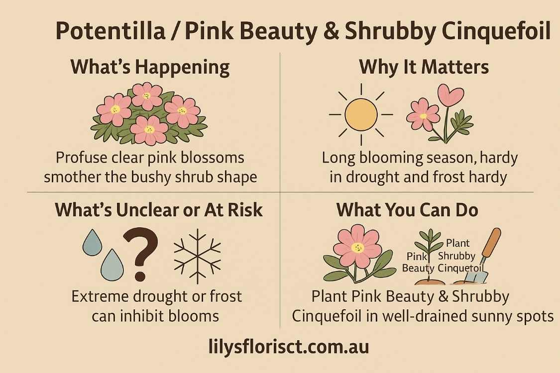 infographic “Potentilla / Pink Beauty & Shrubby Cinquefoil” showing pink blooms, seasonality, frost/drought risk and planting tips; footer lilysflorist.com.au