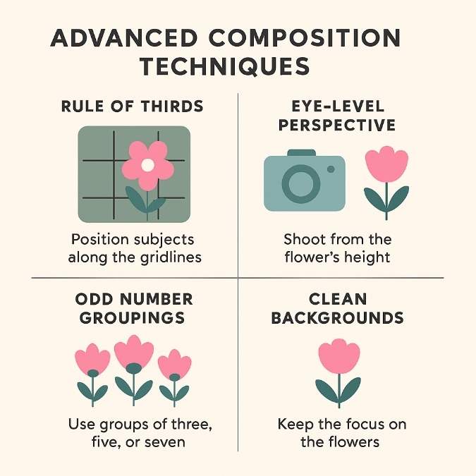 Rule of thirds grid with flower; camera at flower eye level; odd-numbered flower grouping; neutral background focus.