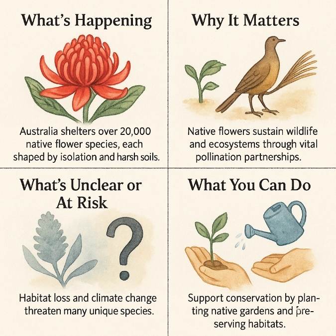 Square four-panel infographic on Australia’s native flowers: (1) a Waratah bloom with caption “Australia shelters over 20,000 native flower species…”, (2) a seedling and lyrebird illustrating pollination partnerships, (3) a Banksia silhouette beside a question mark highlighting threats from habitat loss and climate change, (4) hands holding a seedling under a watering can urging native garden planting and habitat preservation.