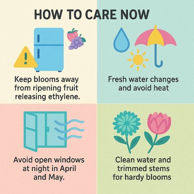 2×2 panel infographic showing autumn bouquet care: keep blooms from ripening fruit, fresh water and heat avoidance, no night drafts, and trimmed stems.