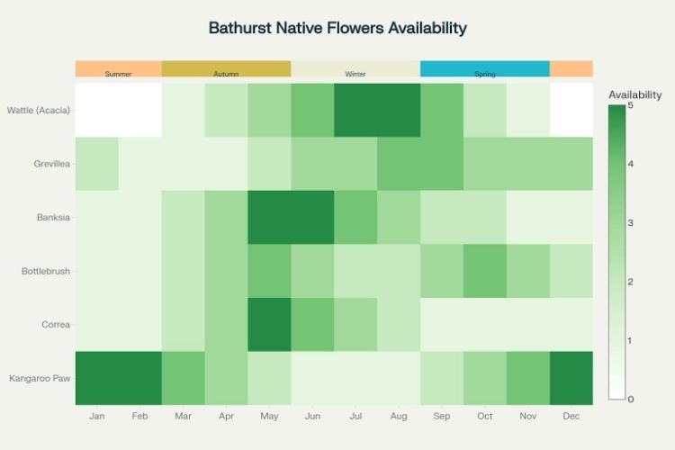 Seasonal availability heatmap for Australian native flowers in Bathurst. Chart shows peak months for wattle, banksia, and kangaroo paw, with darker green indicating higher availability (0-5 scale).
