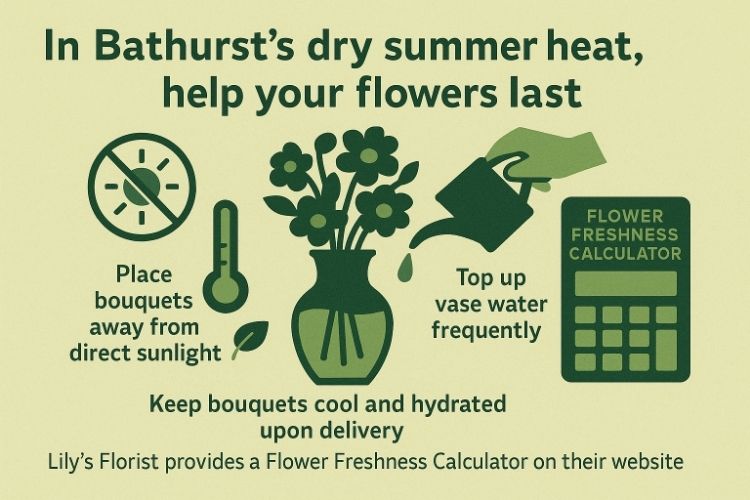 An informational illustration showing three tips for keeping bouquets fresh in Bathurst’s dry summer: an icon advising to place bouquets away from direct sunlight, a vase of flowers being topped up with water, and a representation of Lily’s Florist’s Flower Freshness Calculator on a screen