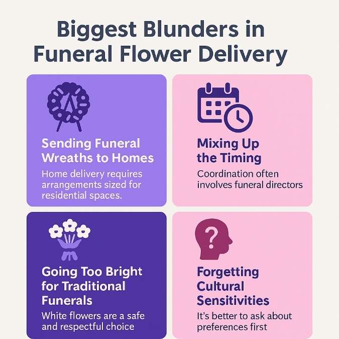 Square infographic titled Biggest Blunders in Funeral Flower Delivery highlighting four mistakes: sending wreaths to homes, mixing up timing, going too bright instead of white, and overlooking cultural sensitivities.