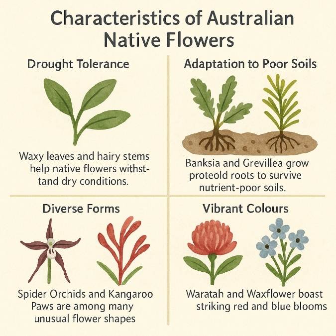 Characteristics of Australian Native Flowers” showing: (1) waxy leaves and hairy stems illustrating drought tolerance, (2) Banksia and Grevillea proteoid roots adapting to poor soils, (3) Spider Orchid and Kangaroo Paw highlighting diverse flower forms, (4) Waratah and Waxflower blooms showcasing vibrant red and blue colours