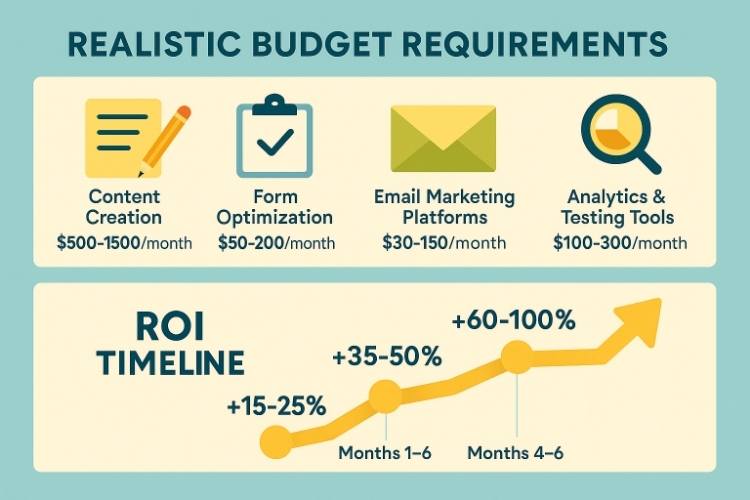 Infographic showing monthly budget ranges for content creation, form optimisation, email marketing, and analytics, plus a 12-month ROI timeline with percentage growth milestones.
