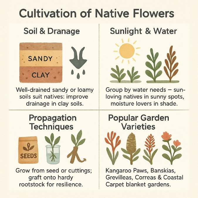 Cultivation of Native Flowers” showing: (1) layered sandy and clay soil with a drainage icon and caption about improving drainage, (2) sun over grouped plants illustrating sunlight & water needs, (3) seed packet, cutting in a jar, and root depicting propagation techniques, (4) stylized Kangaroo Paw, Banksia, Grevillea, Correa, and Coastal Carpet flowers under “Popular Garden Varieties