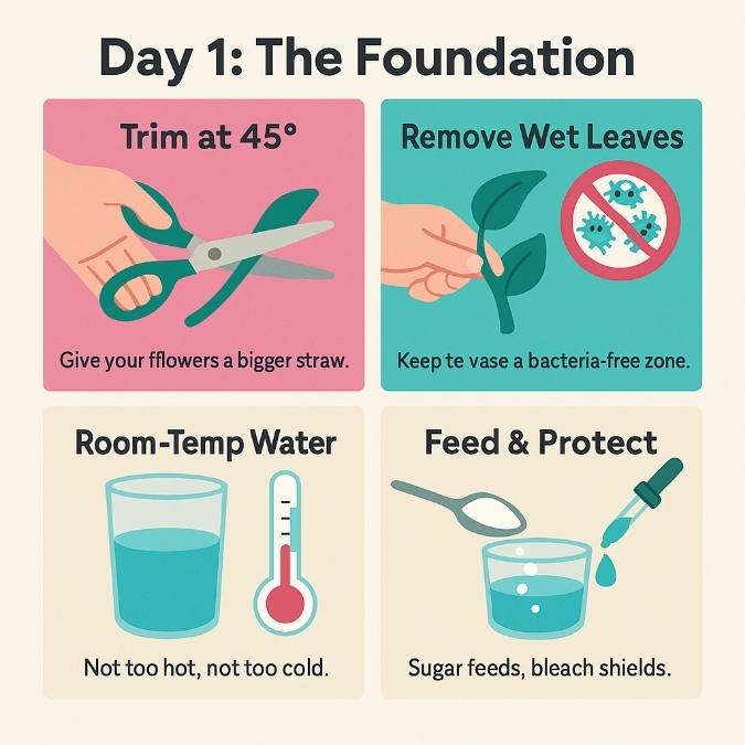 Square infographic on Day 1 flower care: trim stems, remove wet leaves, room-temp water, sugar and bleach feed.