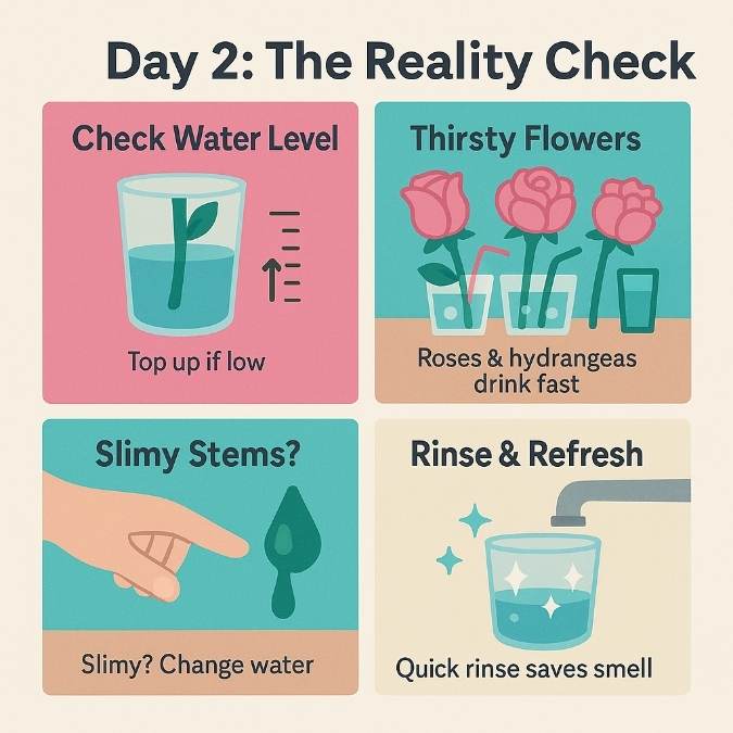 Square infographic on Day 2 flower care: check water level, thirsty roses and hydrangeas, change slimy water, rinse vase.