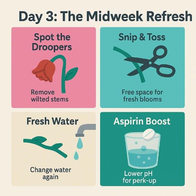Square infographic on Day 3 flower care: remove wilted stems, trim, change water, add crushed aspirin for fresh bouquet.
