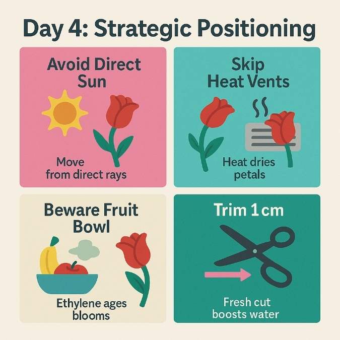 Square infographic on Day 4 flower care: avoid sun, heat vents, and fruit bowl; trim 1 cm for better water uptake.