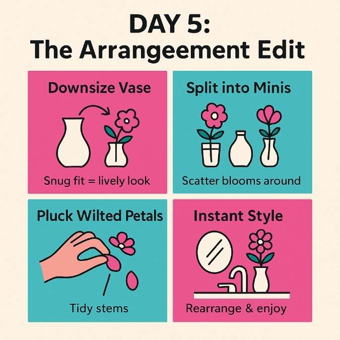 Square infographic on Day 5 flower care: downsize vase, create mini arrangements, pluck wilted petals, refresh display.