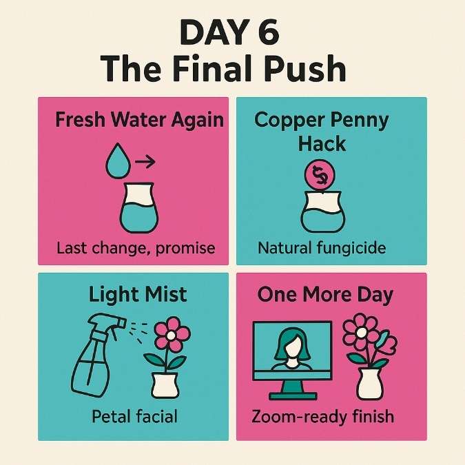 Square infographic on Day 6 flower care: fresh water change, add copper penny fungicide, mist petals, final Zoom-ready boost.