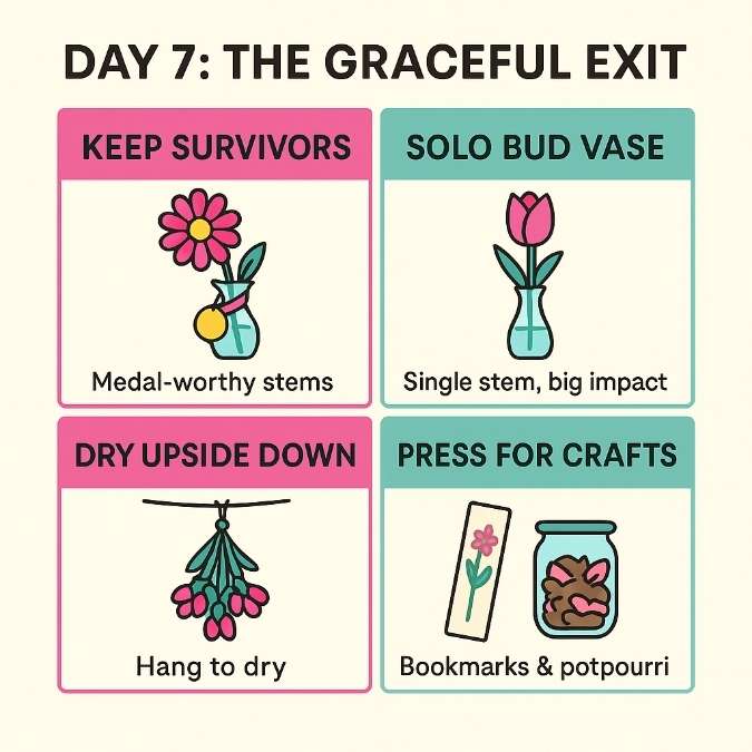 Square infographic on Day 7 flower care: keep best stems, solo bud vase, dry flowers upside down, press for crafts.