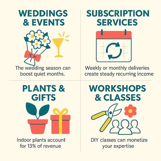 Square infographic outlining florist revenue streams: weddings/events, subscriptions, plants & gifts, workshops/classes.