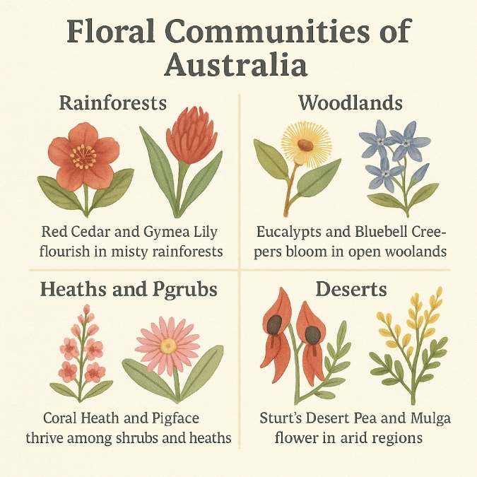 Floral Communities of Australia” showing: (1) Red Cedar and Gymea Lily in rainforests, (2) Eucalyptus and Bluebell Creeper in woodlands, (3) Coral Heath and Pigface in heaths and scrubs, (4) Sturt’s Desert Pea and Mulga in deserts.