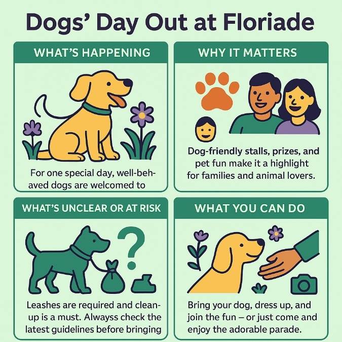 Four-panel infographic for Dogs’ Day Out at Floriade, with tips on bringing dogs, event highlights, rules, and how to join the festival fun.