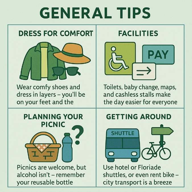 Informational graphic with four green-accented panels giving Floriade festival tips: dress for comfort, use available facilities, picnic planning, and transport options.