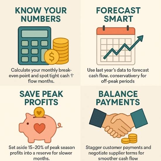 2×2 square infographic illustrating florist shop cash-flow management: calculate break-even, forecast conservatively, reserve peak profits, balance payments.