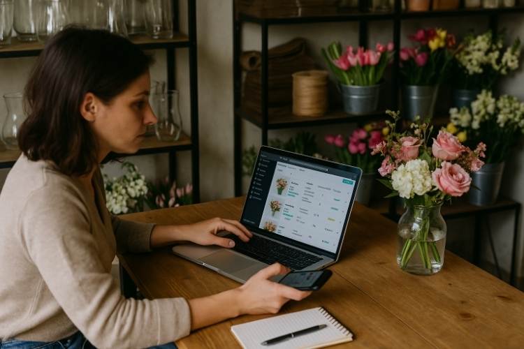 Florist at wooden table using laptop to manage online flower shop inventory, holding phone, with pink bouquet nearby.